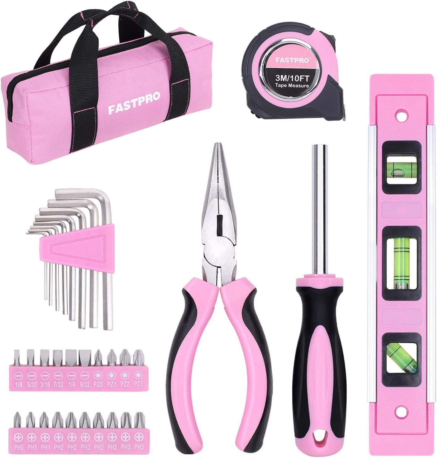 FASTPRO 33-Piece Pink Tool Kit, Household Tool Set with Screwdriver Bits & Holder, Basic Hand Tools for Women with Tool Bag