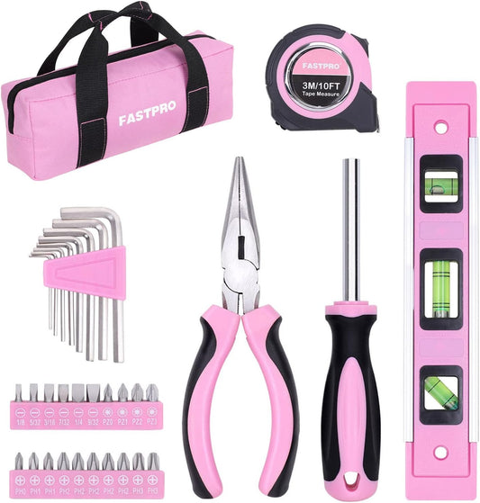 FASTPRO 33-Piece Pink Tool Kit, Household Tool Set with Screwdriver Bits & Holder, Basic Hand Tools for Women with Tool Bag