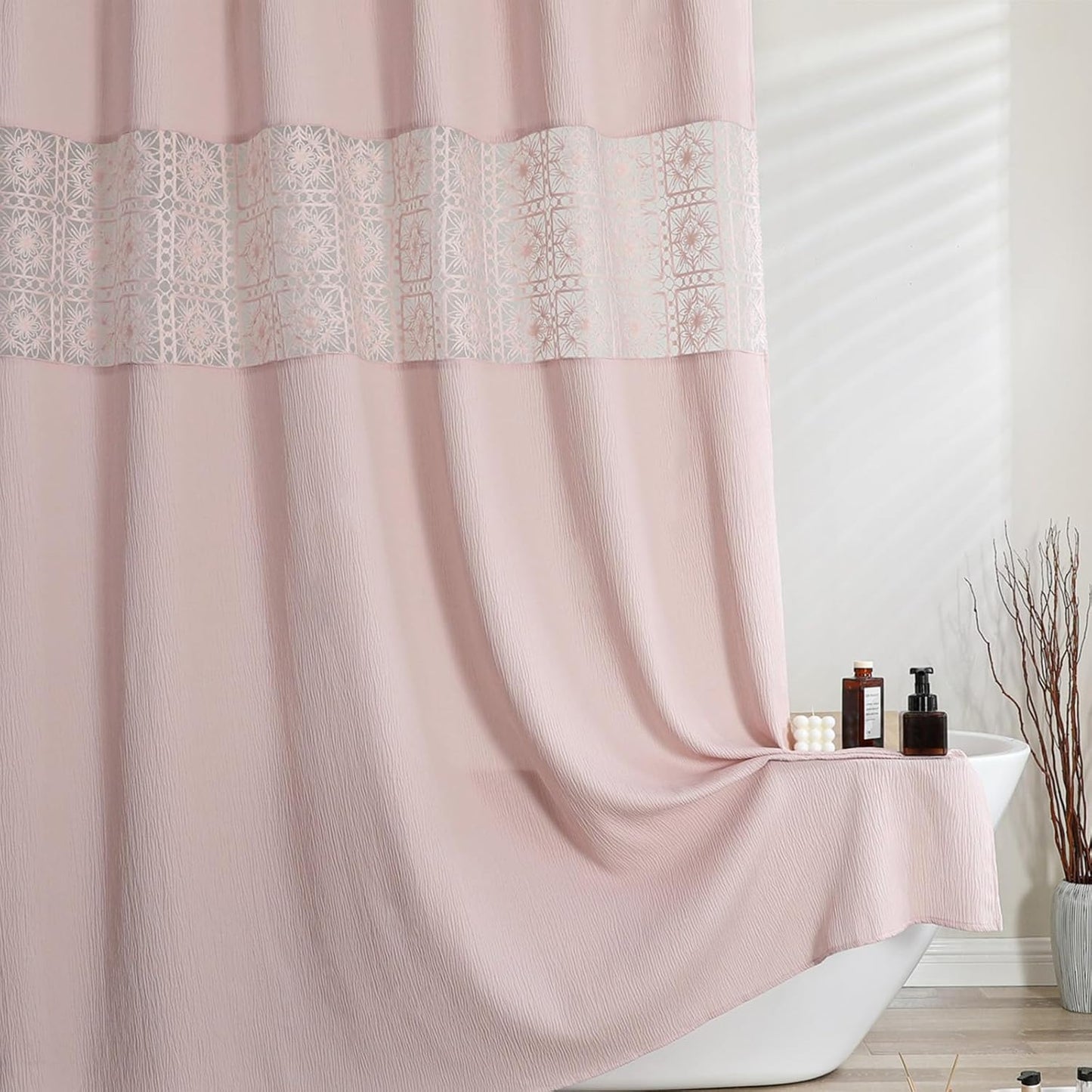 OVZME Blush Pink Boho Shower Curtain 72 Inch Long for Bathroom, Heavy Weighted Textured Crinkle Fabric Shower Curtains with Embroidery Cutwork, Machine Washable Elegant Luxury Bath Curtain, 72Wx72L