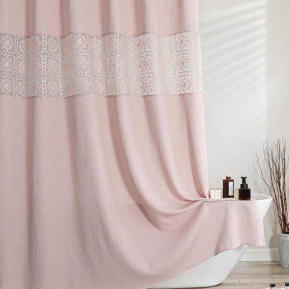 OVZME Blush Pink Boho Shower Curtain 72 Inch Long for Bathroom, Heavy Weighted Textured Crinkle Fabric Shower Curtains with Embroidery Cutwork, Machine Washable Elegant Luxury Bath Curtain, 72Wx72L