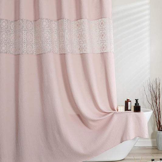 OVZME Blush Pink Boho Shower Curtain 72 Inch Long for Bathroom, Heavy Weighted Textured Crinkle Fabric Shower Curtains with Embroidery Cutwork, Machine Washable Elegant Luxury Bath Curtain, 72Wx72L