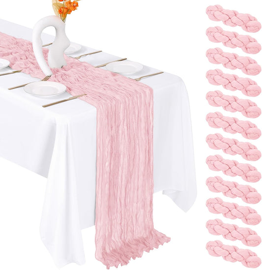 12 Pack Light Pink Cheesecloth Table Runner 20 x 120 Inch Gauze Table Runner Fabric Semi Sheer Cheese Cloth Table Decor Bulk for Rustic Romantic Wedding Baby Shower Party Table Decoration