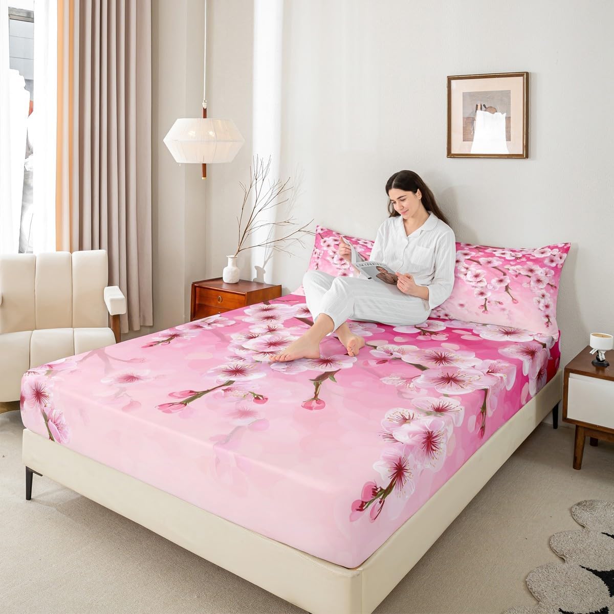 Peach Blossom Kids Fitted Sheet Queen Size,Pink Flowers Spring Romantic Bedding Set,Girls Boys Adults Bedroom Decor,Florals Rustic Nauture View Bed Cover,Dreamy Bed Sheet,2 Pillowcases