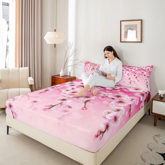 Peach Blossom Kids Fitted Sheet Queen Size,Pink Flowers Spring Romantic Bedding Set,Girls Boys Adults Bedroom Decor,Florals Rustic Nauture View Bed Cover,Dreamy Bed Sheet,2 Pillowcases