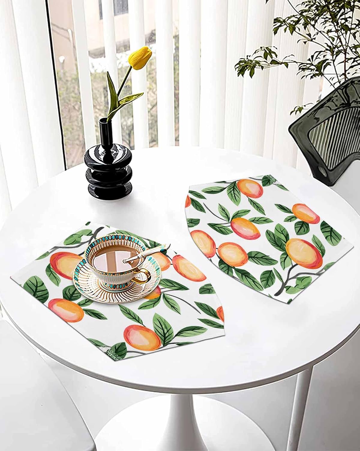 Round Table Placemat Wedge Placemats Set of 6,Spring Summer Country Peach on White Placemat Washable Table Mats,Farmhouse Green Leaves Fan Shaped Place Mats for Kitchen Dinner Party Decor