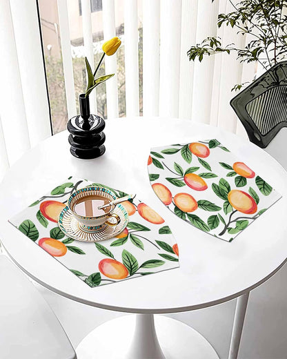 Round Table Placemat Wedge Placemats Set of 6,Spring Summer Country Peach on White Placemat Washable Table Mats,Farmhouse Green Leaves Fan Shaped Place Mats for Kitchen Dinner Party Decor