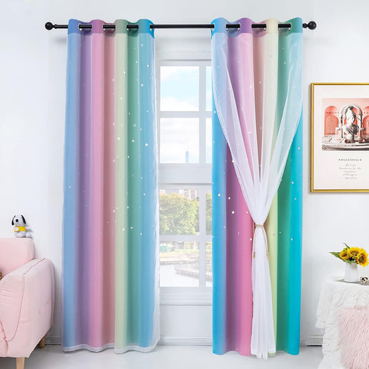 Stiio Rainbow Curtains for Girls Bedroom - 2 Panel Star Curtains with Sheer Double Layer Blackout, 52 x 63 inch Ombre & Yellow Pink