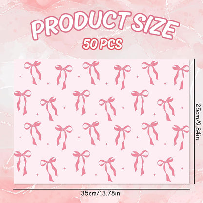 FYSUIMU 50Pcs Pink Bow Paper Placemats Cute Coquette Bow Dinner Mats Disposable Table Mats for Wedding Baby Shower Birthday Bachelorette Party Table Setting