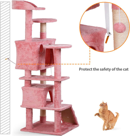 52” Multi-Level Cat Tree Condo Furniture Kitten Activity Play House Bed Pet Kitty Climbing Tower with Scratching Posts/Plush Perch/Scratcher Ladder/Tunnel for Cats,Kittens,Pets (Pink)