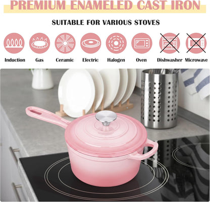 E-far Enameled Cast Iron Sauce Pan with Lid, 1 Quart Dutch Oven Saucepan, Mini Sauce Pot for Cooking, Boiling, Healthy & Non Toxic, Induction & Oven Safe, Pink
