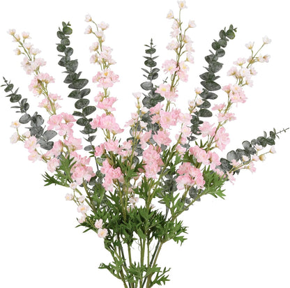 Delphinium Artificial Flowers and Eucalyptus Stems Combo, 6PCS Long Stem Faux Flowers for Tall Vase,Silk Larkspur for Engagement Party Wedding Baby Shower Home Seasonal Decoration(Light Pink)