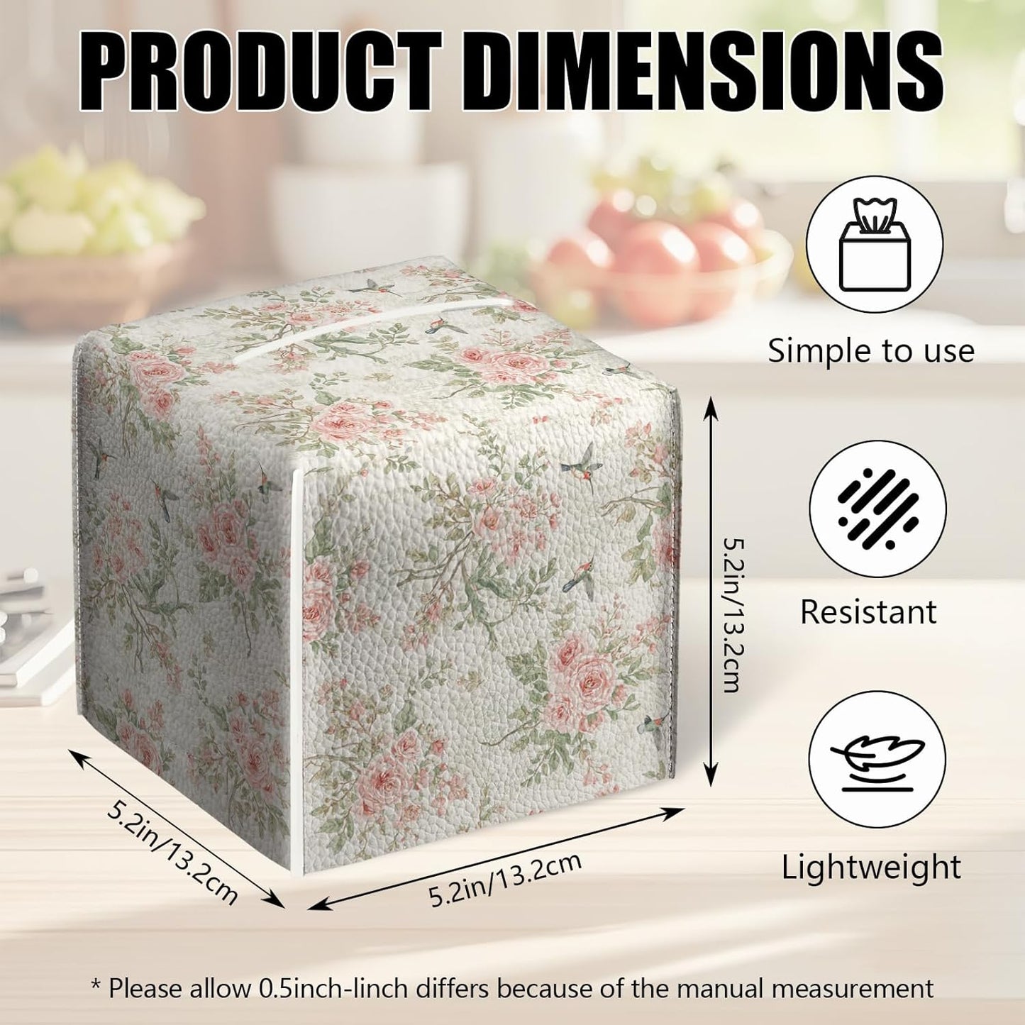 2 Pack Pink Flowers Tissue Box Cover Square Floral Bird PU Leather Tissue Box Holder Waterproof Facial Paper Organizer Dispenser for Bathroom Kitchen Home Office Car