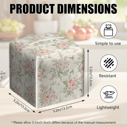 2 Pack Pink Flowers Tissue Box Cover Square Floral Bird PU Leather Tissue Box Holder Waterproof Facial Paper Organizer Dispenser for Bathroom Kitchen Home Office Car