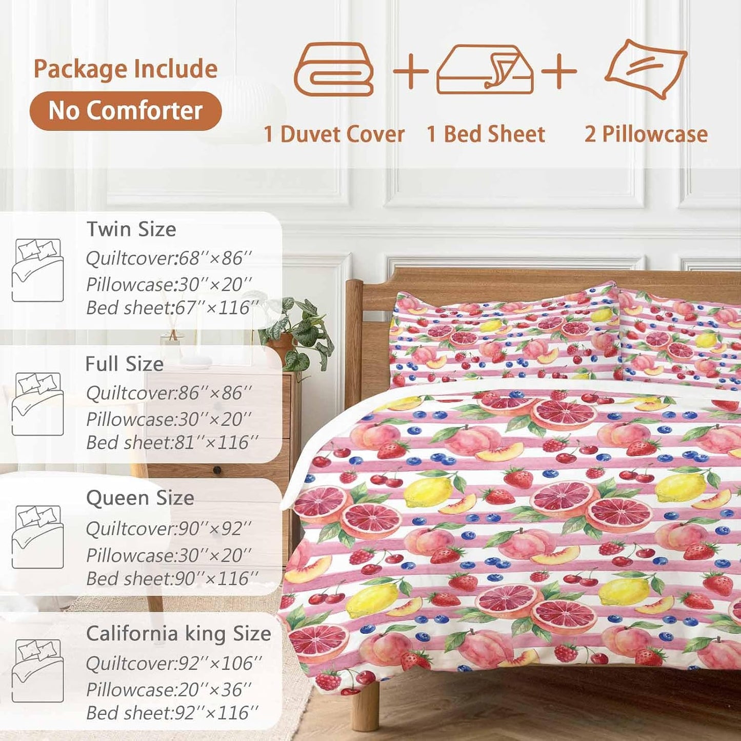 Summer Peach Lemon Grapefruit Comforter Set Cal King, Blueberry Strawberry Pink Stripe Soft Bedding Set for Man Woman, 4 Pieces Duvet Cover Set with Fitted Sheet, 2 Pillowcases