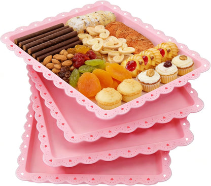 4 Pack Plastic Serving Tray for Party, 14.5 x 9.4 Inch Heavy Duty Platters for Party Buffet Wedding (Pink)