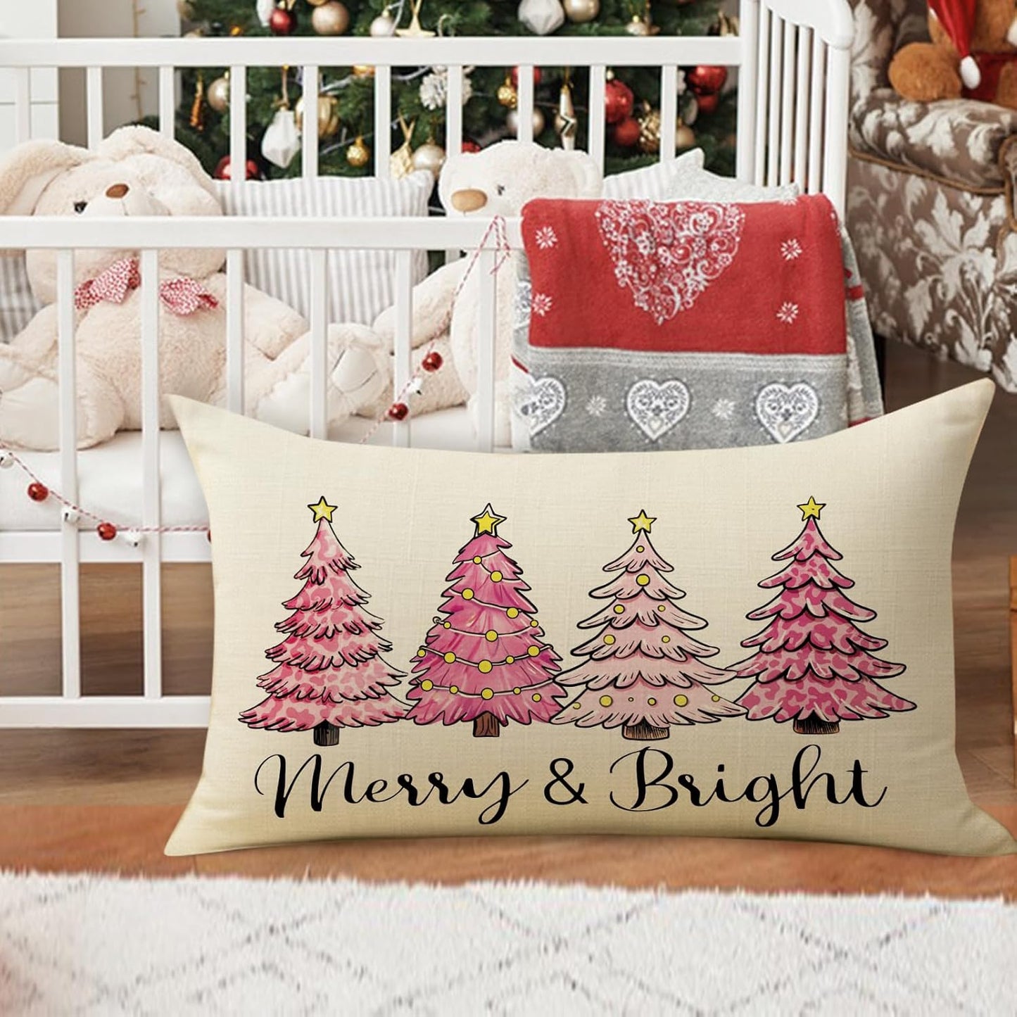 Pink Christmas Tree Decorative Throw Pillow Cover 12 x 20, Rectangular Xmas Pine Trees Outdoor Home Decor, Merry and Bright Winter Holiday Sofa Couch Cushion Case