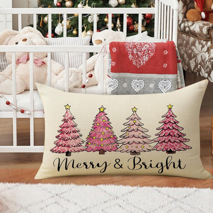 Pink Christmas Tree Decorative Throw Pillow Cover 12 x 20, Rectangular Xmas Pine Trees Outdoor Home Decor, Merry and Bright Winter Holiday Sofa Couch Cushion Case