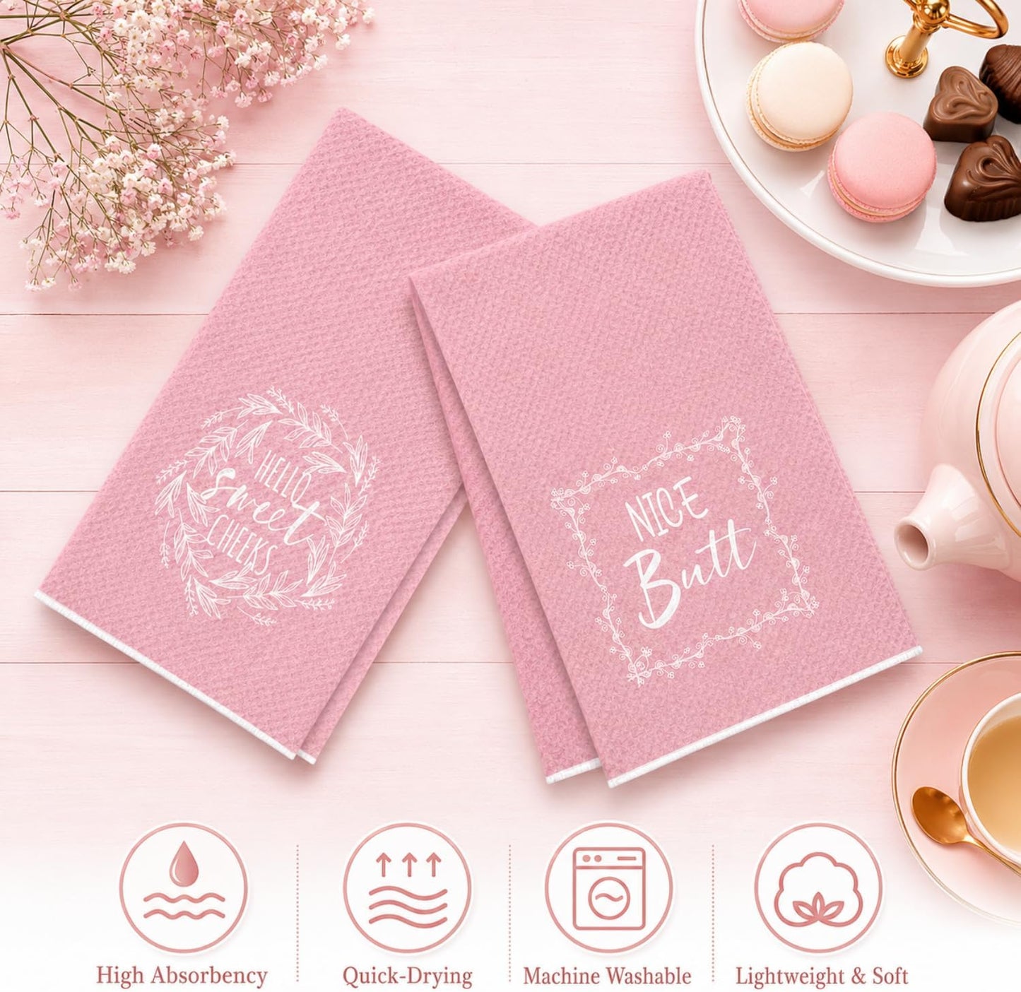 wuguimeii Funny Pink Bathroom Hand Towels - Hello Sweet Cheeks Decorative Kitchen Rustic Bath Towel - Pink Bathroom Accessories Waffle Towel for Farmhouse Restroom 16X24 Inches