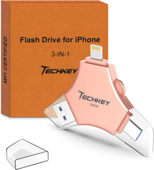 MFi Certified USB 3.0 Flash Drive 256GB for iPhone 3in1 External Memory Photo Keeper Storage Stick for Picture/Video/Data Saver/Backup High Speed Thumb/Jump/Hard Drives for iPad/Android/PC (Rose Pink)