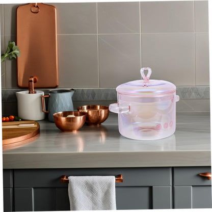 Pink Glass Saucepan with Cover,50oz/ 1500ml Double-handle Stew Pot with Lid Heat-resistant Glass Soup Pot for Home Cooking
