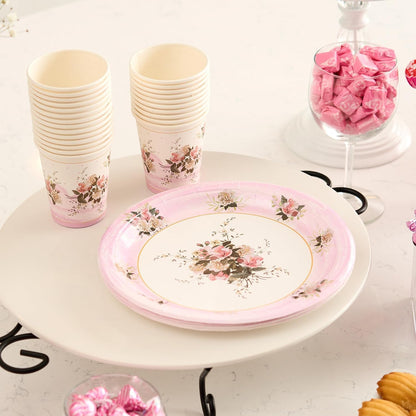 ROYAL BLUEBONNET Paper Plates and Napkins Set, Floral Design, 24 Pieces, Pink, Spring, Disposable Party Supplies