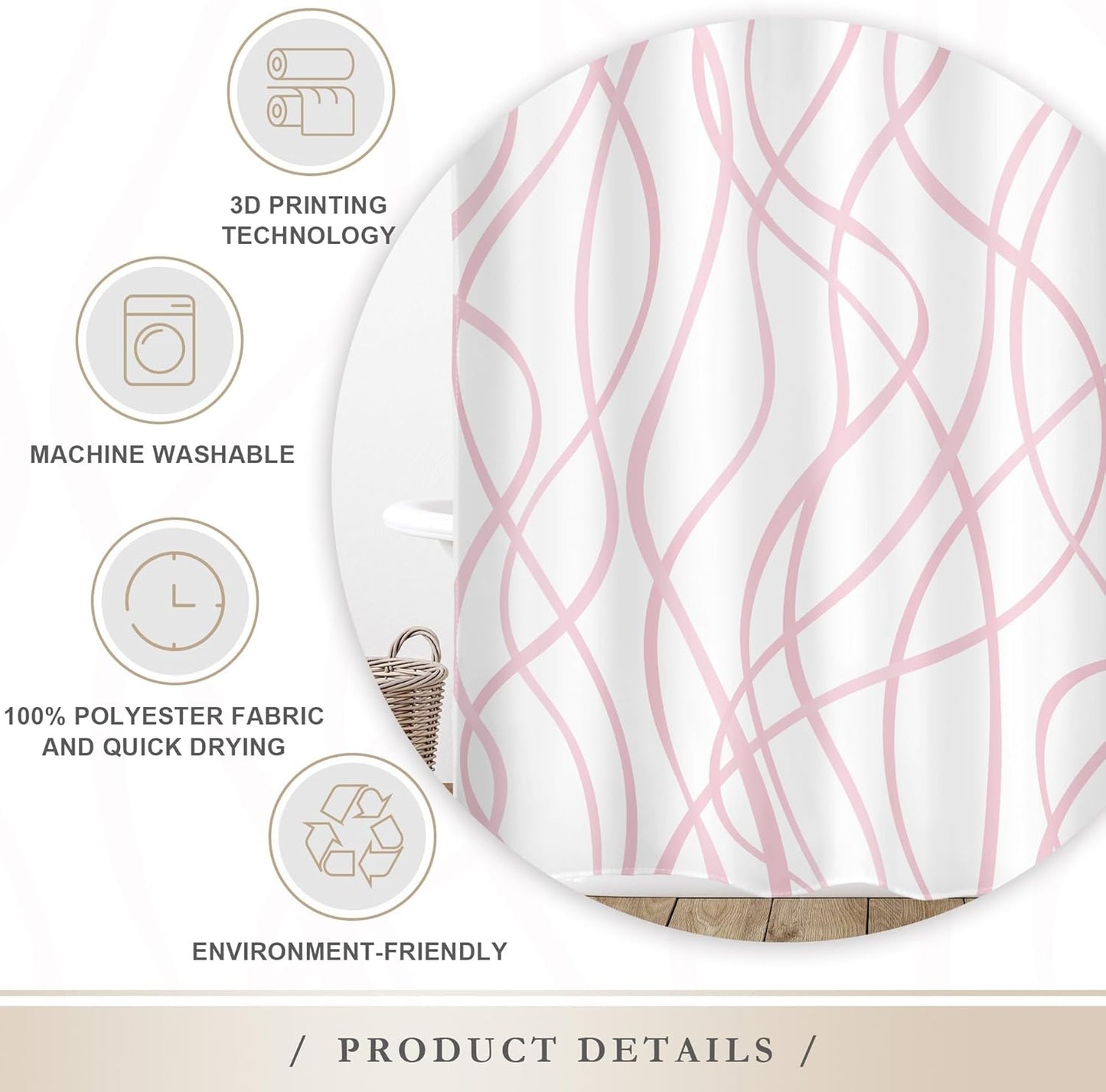 Glawry Pink Striped Shower Curtain 72Wx72L Inches, Abstract Pink and White Shower Curtains for Bathroom, Modern Minimalist Simple Aesthetic Girly Bathroom Curtains Waterproof Fabric 12 Hooks