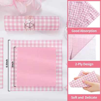 60 Pcs Pink and White Gingham Paper Placemats and 80 Pcs Pink Gingham Napkins
