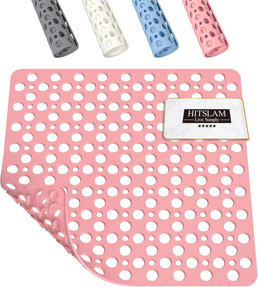 HITSLAM Shower Mat Anti Slip, 21x21 Inch No Odor Soft TPE Bathroom Shower Stall Floor Mat, Square Bath Mat for Tub Non Slip with Suction Cups and Drain Holes, Machine Washable, Soft on Feet, Pink
