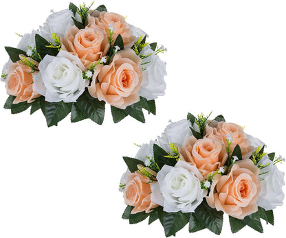 BLOSMON Flower Ball Centerpieces for Tables: 2pcs Peach Fuzz Fake Rose | 9.5 Inch Kissing Balls Floral Arrangement for Home - Artificial Silk Bouquet with Base Home for Wedding Party DIY Decoration