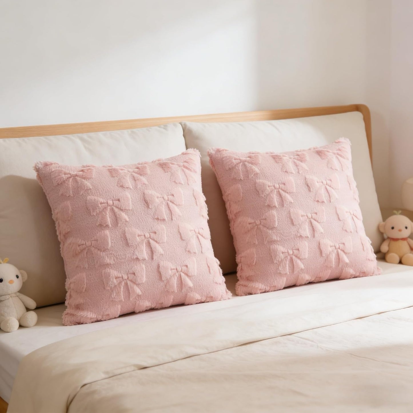 1 Pair Bow Pillows Covers, 18" x 18" Soft Plush Throw Pillows Covers with Zipper, Decorative Accent Pillow Case for Sofa, Bed Living Room Boho Home Decor (Pink, 18"X18")