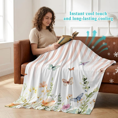 Cooling Blanket for Hot Sleepers Watercolor Butterfly Lightweight Breathable Double Sided Summer Blanket Floral Leaves Pink Strips Cooling Throw Blanket for Couch Bed Night Sweats 30"x40"