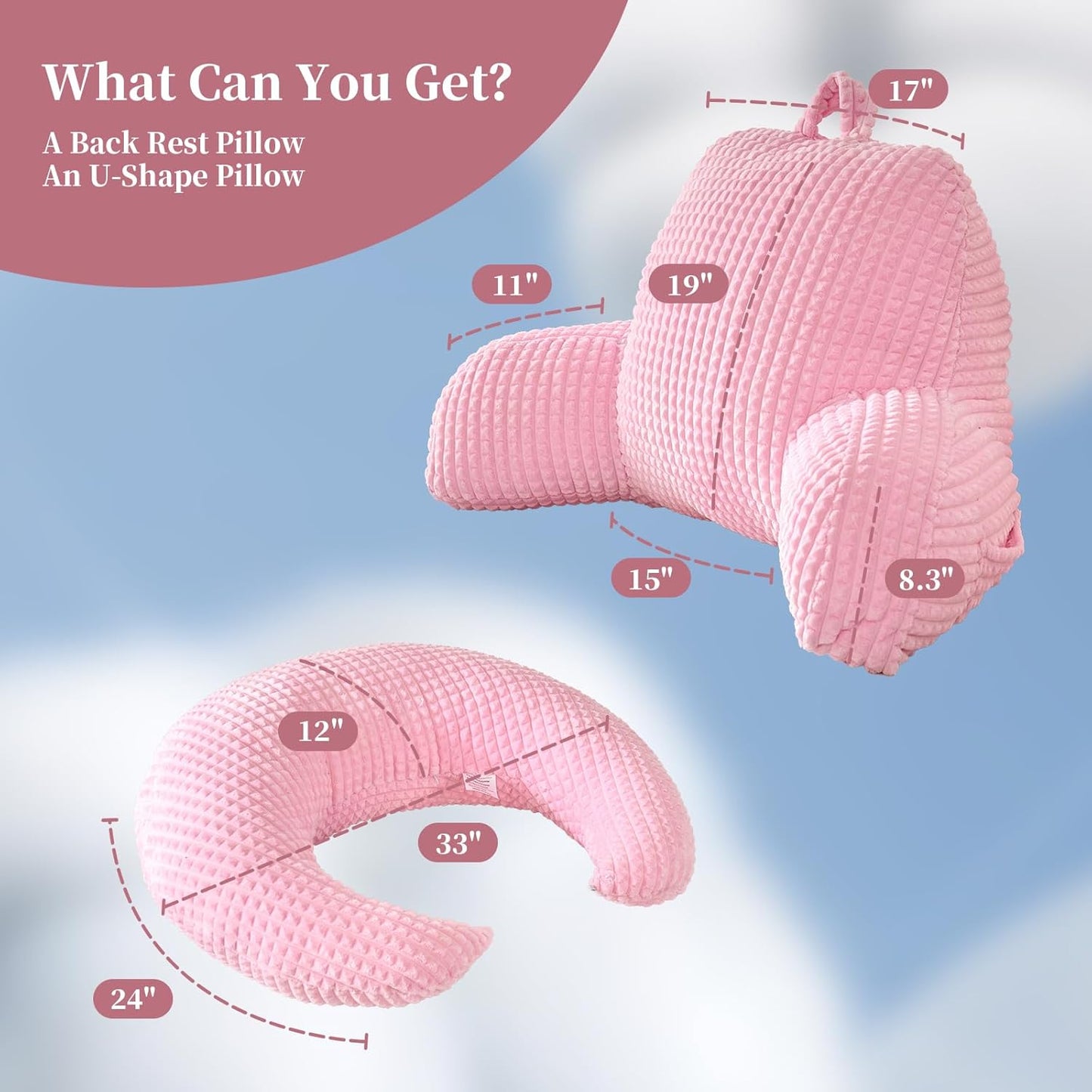 Bed Reading Pillow 17",Cozy Flannel U Shaped Back Support Cushion for Sitting up in Bed,Small Laptop Desk Lap Pillow for College Dorm,Apartment,Medium - Pink