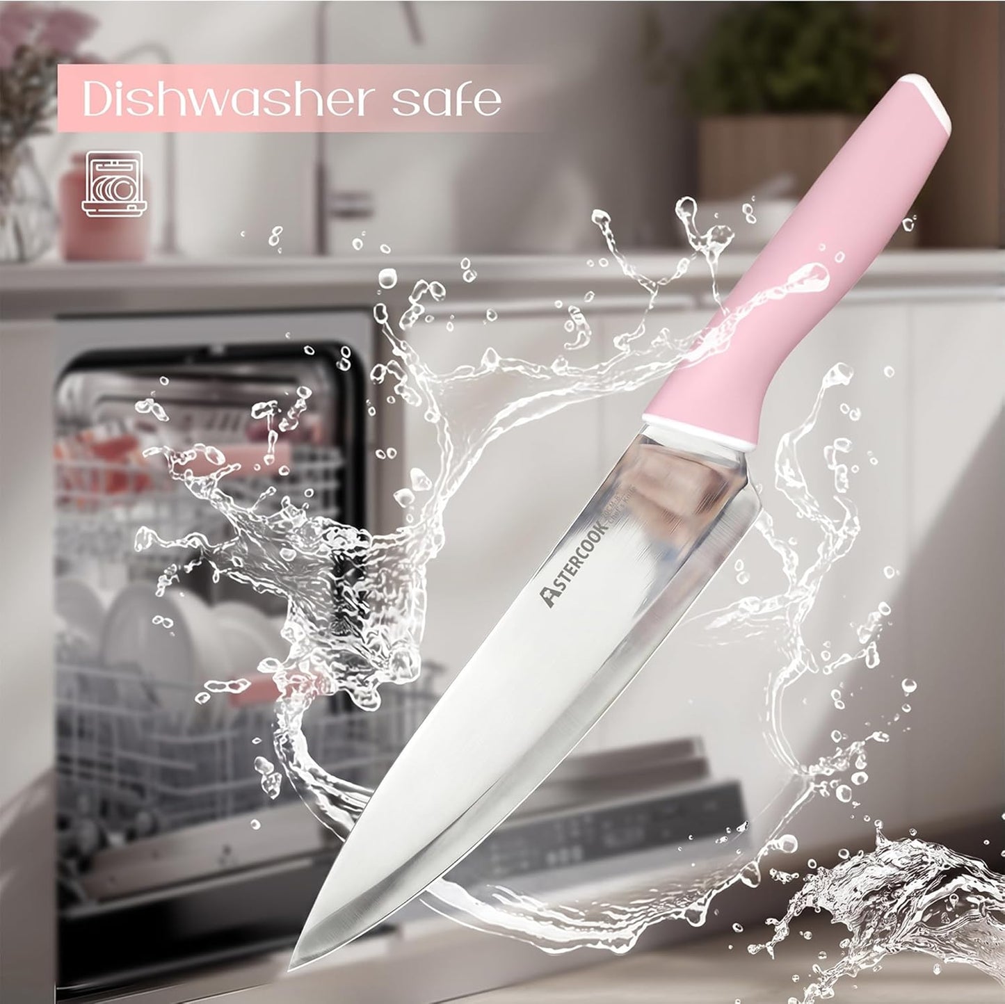 Astercook Knife Set, Kitchen Knives Set with Block and Sharpener 15 Pcs German Stainless Steel Knives Sharp Blade Dishwasher Safe Deba Knives with Ergonomic Handle, Crystal Pink