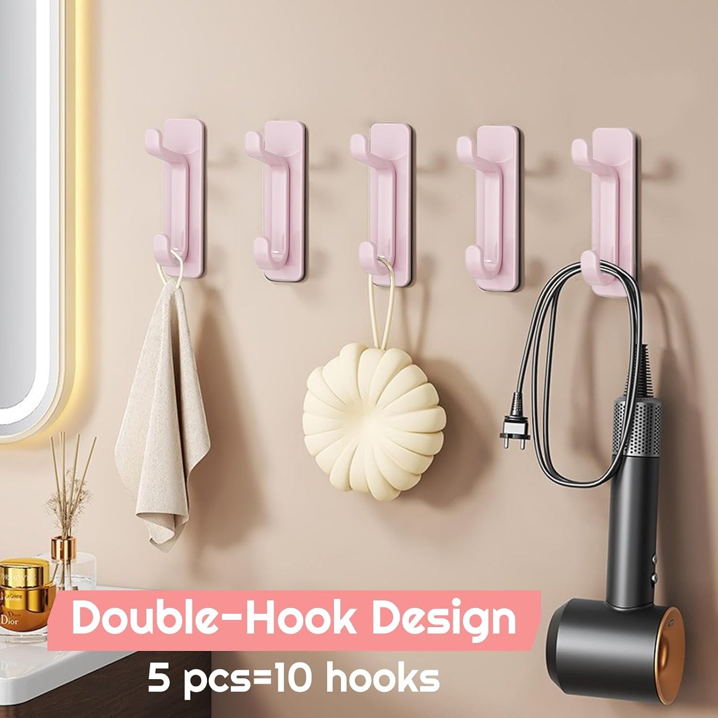 Wall Hooks for Coat and Towel: 13LB Strong Adhesive Door Hanger Stick on, Black 5 Pack (Pink)