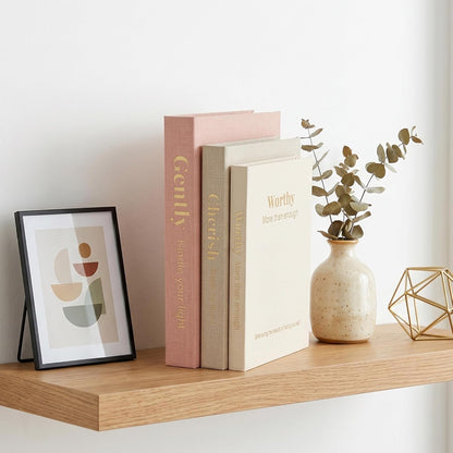 Decorative Books for Home Decor, Set of 3 Faux Books with Hidden Storage, Linen Fake Book Box for Coffee Table Bookshelf Decor (Dusty pink-oatmeal-beige)