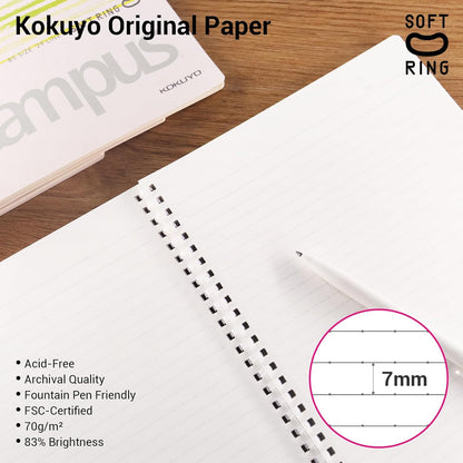 Kokuyo Spiral Notebook Journal, 4 Pack Campus B5 Soft Ring Notebooks with Dotted A 7mm Rule, 40 Sheets, Aesthetic 1 Subject Notebook in Blue Pink Yellow Green, College Office Note Taking