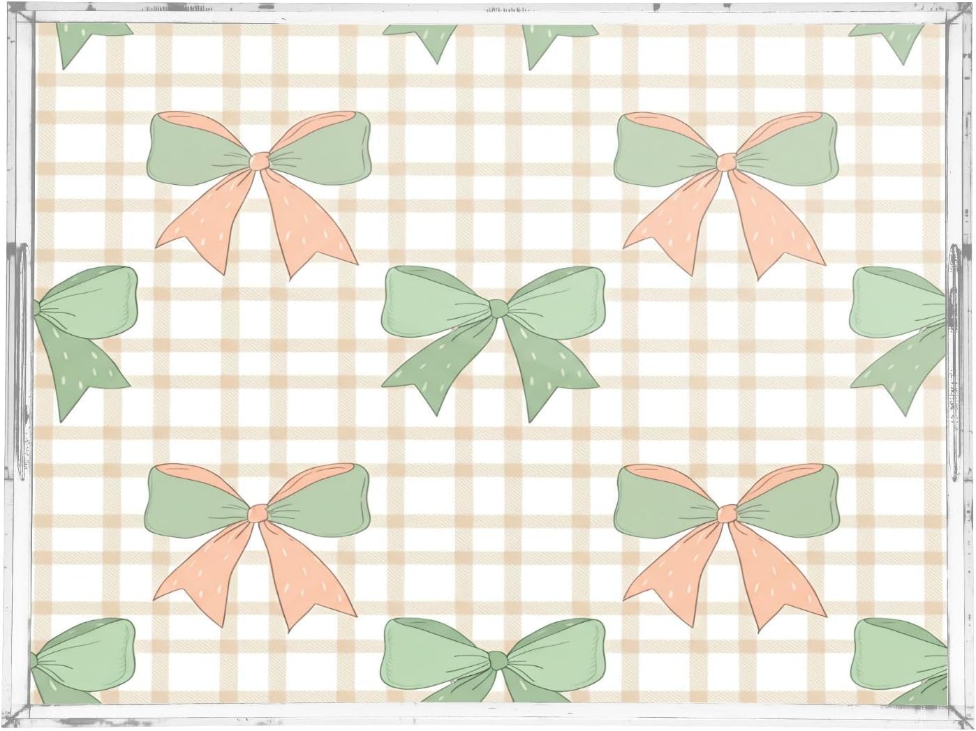 Kigai Green Peach Bows Serving Tray with Handles, 12x16 Inch Decorative Acrylic Tray Organizer, Multi-Purpose Sturdy Serving Platter for Coffee Table, Kitchen, Vanity, Nightstand