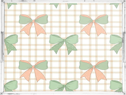 Kigai Green Peach Bows Serving Tray with Handles, 12x16 Inch Decorative Acrylic Tray Organizer, Multi-Purpose Sturdy Serving Platter for Coffee Table, Kitchen, Vanity, Nightstand