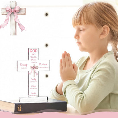Novabright Pink Bow Room Decor, Pink Bow Christian Acrylic Cross Centerpieces, Inspirational Bible Verse Quotes Gifts for Women, Coquette Centerpieces Decor for Office Desk Accessories(Classic)