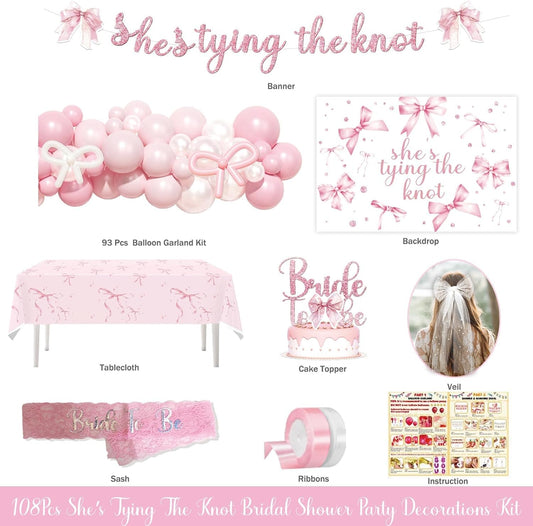 Party Inspo Shes Tying The Knot Bridal Shower Decorations – 108 PCs Pink Bow Party Supplies with Backdrop, Banner, Balloon Garland, Tablecloth, Cake Topper, Sash, Ribbon, Veil