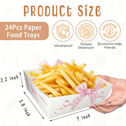 Pink Bow Paper Food Trays - 24Pcs Large Size Coquette Birthday Decorations Kraft Food Boat;Nacho Trays Bow Birthday Party Supplies for Valentines Wedding Baby Shower Party Decoration