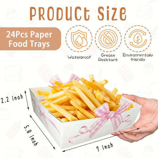 Pink Bow Paper Food Trays - 24Pcs Large Size Coquette Birthday Decorations Kraft Food Boat;Nacho Trays Bow Birthday Party Supplies for Valentines Wedding Baby Shower Party Decoration