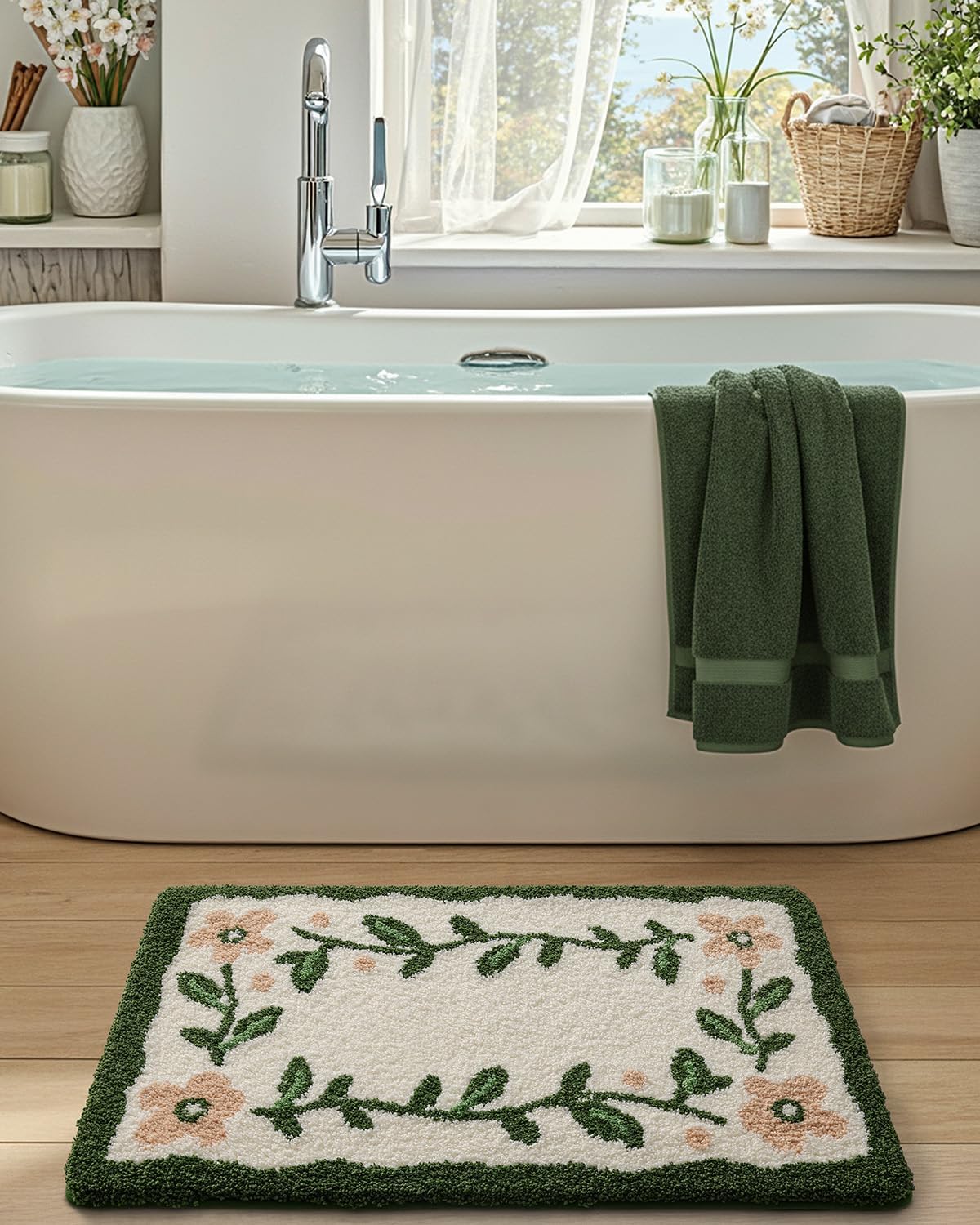 DEXI Floral Bathroom Rugs 24x36, Green Leaf Bathmat Non Slip, Washable Absorbent Quick Dry Bath Mat, Soft Plush Microfiber Cute Pink Flower Shower Rug for Shower Floor, Tub, Sink, Beige