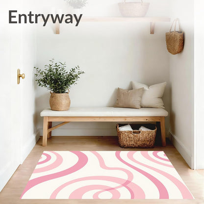 Flatwoven High Traffic Area Rug 5x7, Minimalist Abstract Swirl with Contour Waves, Non Slip, Stain Resistant, Washable Area Rugs for Living Room, Bedroom (Pink, 5x7)