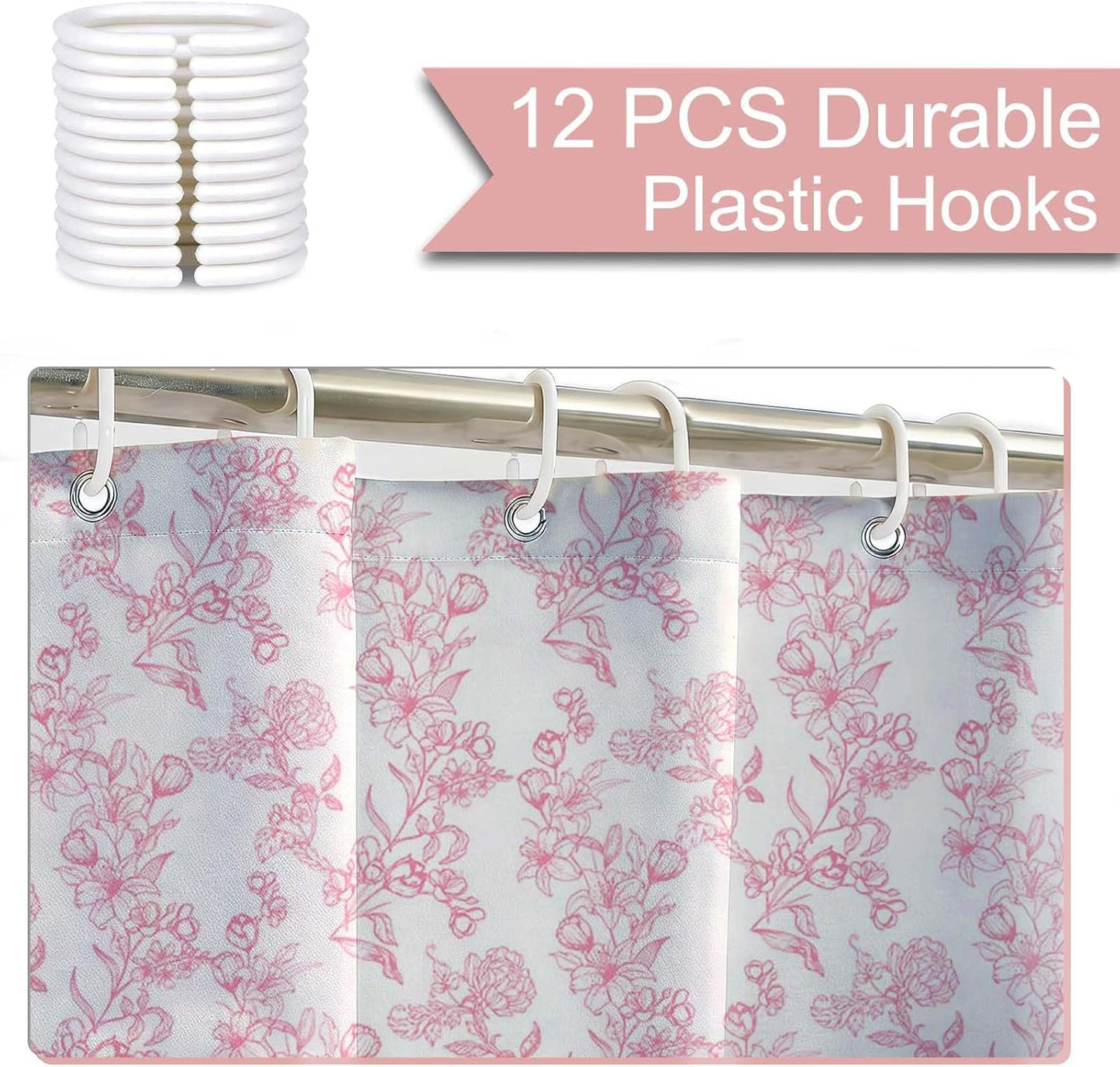 Mocsicka Floral Shower Curtain Pink Flower Bathroom Shower Curtain Spring Floral Pink Waterproof Fabric Shower Curtains Bathtub Decor with 12 Hooks 72 X 72 Inch (Pink)