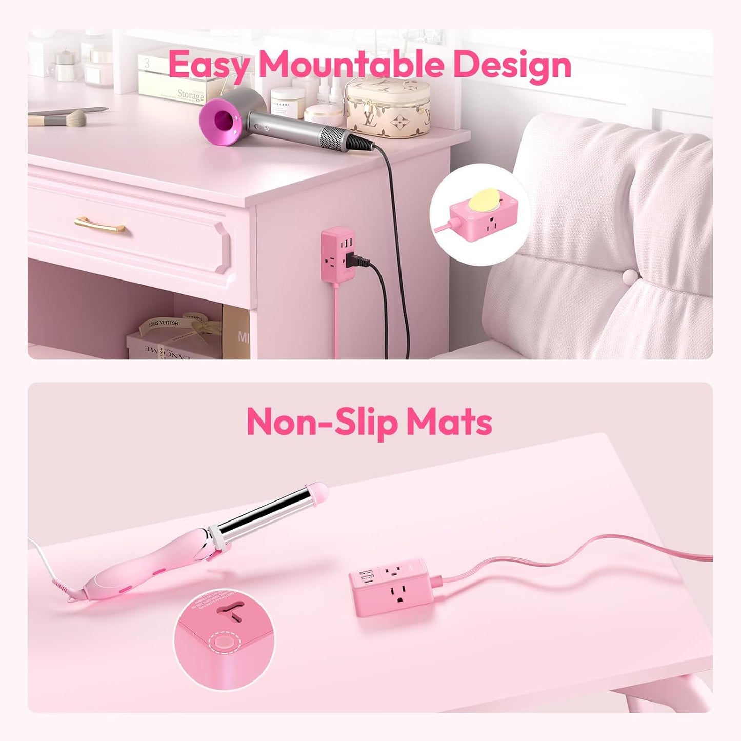 NTONPOWER Pink Extension Cord 15 ft, Pink Power Strip Flat Wall Plug with 3 Outlets 3 USB (1 USB C), Flat Extension Cord for Home Office Dorm Room Essentials