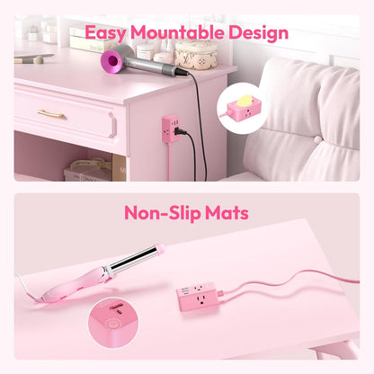 NTONPOWER Pink Extension Cord 15 ft, Pink Power Strip Flat Wall Plug with 3 Outlets 3 USB (1 USB C), Flat Extension Cord for Home Office Dorm Room Essentials