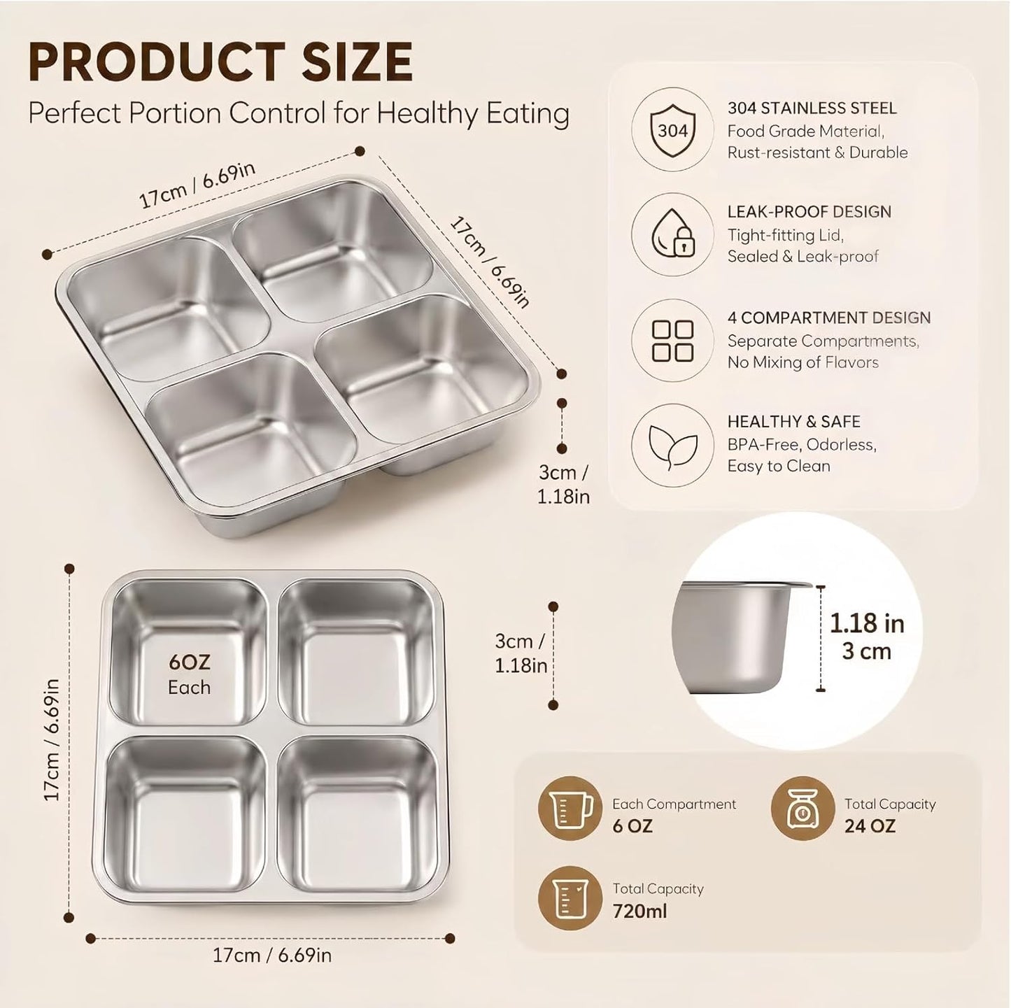 Snack Containers With Lids,4 Compartment Snack Containers,Reusable Stainless Steel Lunch Container,Comes with a Leak-Proof Silicone Lid ,for Travel,Camping,Work (Blue,Pink, Apricot,Light green)