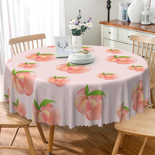 Cute Peach Round Tablecloth 70 Inch Summer Sweet Pink Peach with Green Leaves Print Circular Table Cover Waterproof Table Cloth for Dining Room Kitchen Patio Indoor Outdoor Party Supplies