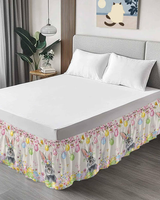 Easter Rabbits Bed Skirt Full/Queen Size Bed Skirting 16 Inch Drop Adjustable Elastic Dust Ruffles Wrap Around Bedskirt Pleated Weeping Pink Peach Eggs Vintage Beige Spring Bedding Frame Cover for